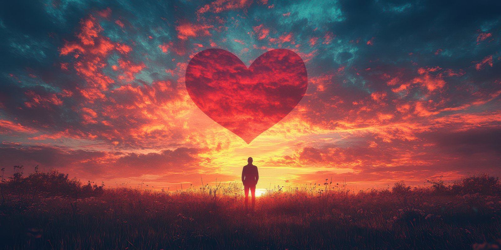 Stunning sunset silhouette with heart shape formed by vibrant clouds and a lone figure in an open field